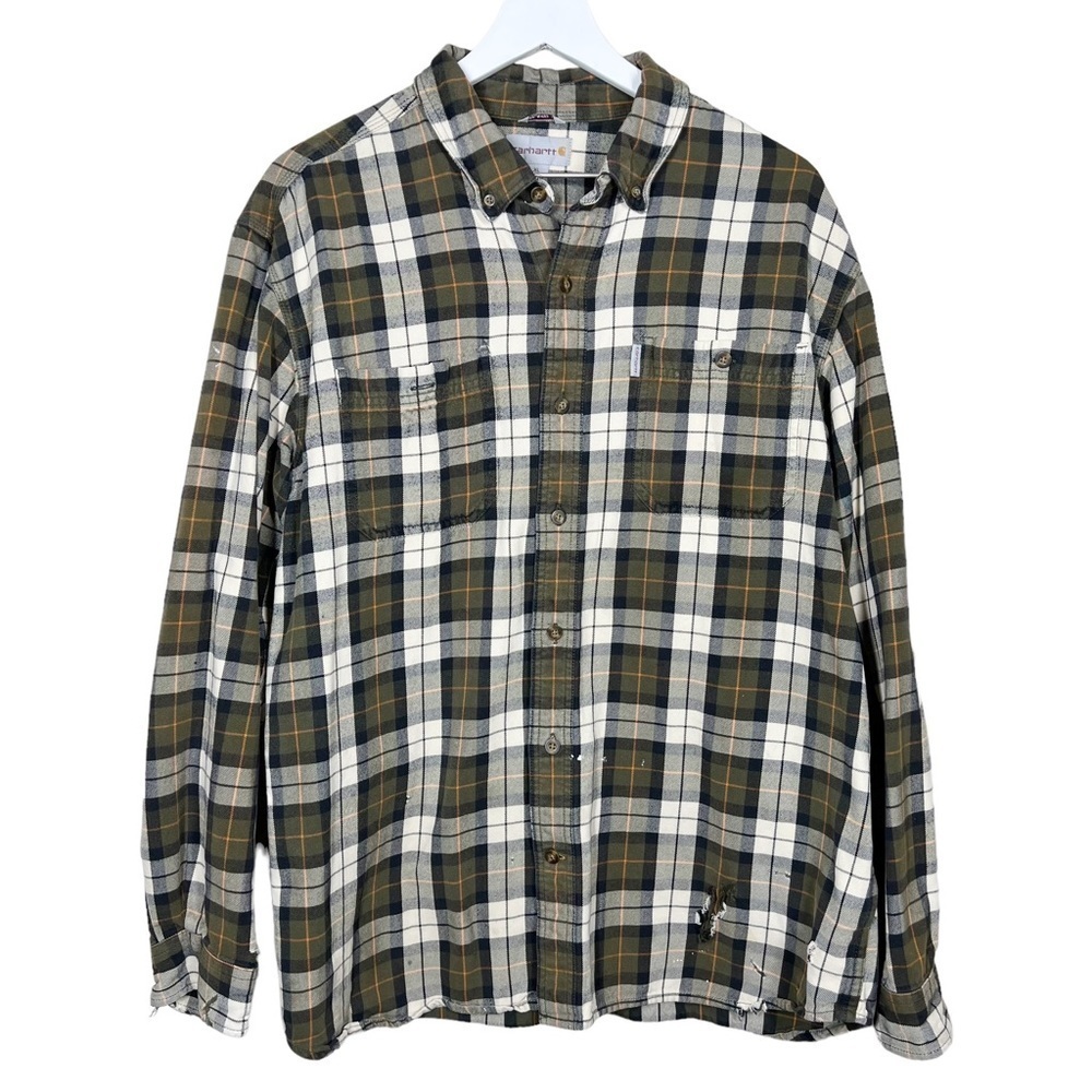 Carhartt Mens Plaid Button Up Thrashed Distressed Long Sleeve Shirt Size XL